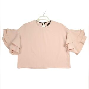 Zara Woman Cropped Blouse Size L Pink Ruffle Flutter Short Sleeve Top Keyhole